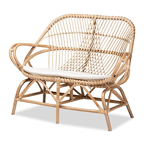 Baxton Studio Bali & pari Jayden Modern Bohemian White Fabric Upholstered and Natural Rattan Loveseat