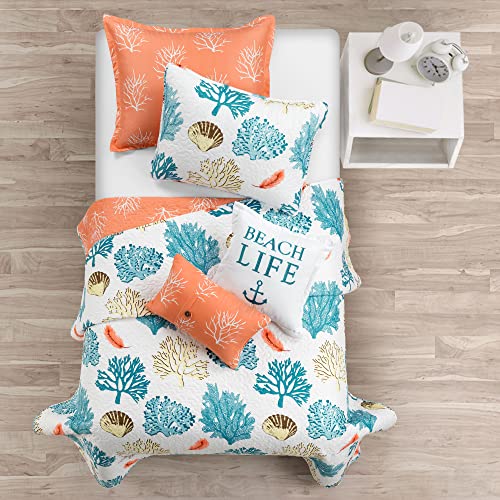 Lush Decor Coastal Reef Feather Reversible Quilt Set, 5 Piece Set, Twin/ Twin XL, Blue & Coral - Beach Bedding Set - Coastal Twinxl Quilt Sets - Tropical Beach House Decor For Kids Or Teen's Dorm Room