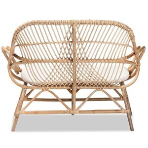 Baxton Studio Bali & pari Jayden Modern Bohemian White Fabric Upholstered and Natural Rattan Loveseat