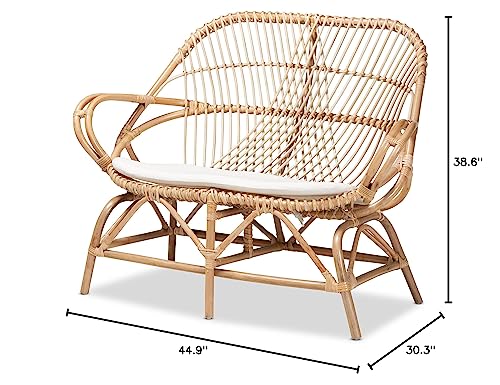 Baxton Studio Bali & pari Jayden Modern Bohemian White Fabric Upholstered and Natural Rattan Loveseat