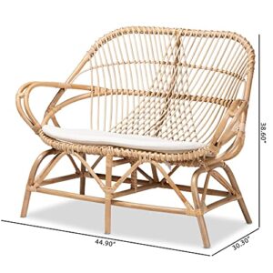 Baxton Studio Bali & pari Jayden Modern Bohemian White Fabric Upholstered and Natural Rattan Loveseat