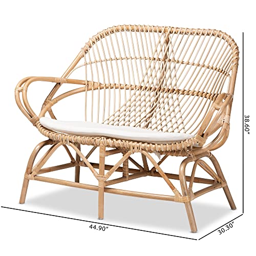 Baxton Studio Bali & pari Jayden Modern Bohemian White Fabric Upholstered and Natural Rattan Loveseat