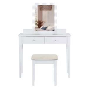 AODAILIHB Vanity Set with Lighted Mirror & Stool, Dressing Table Makeup Vanity Desk with 2 Drawers/Clear Glass Table Top/3 Color Lighting Modes Girls Gift Bedroom Furniture (White)