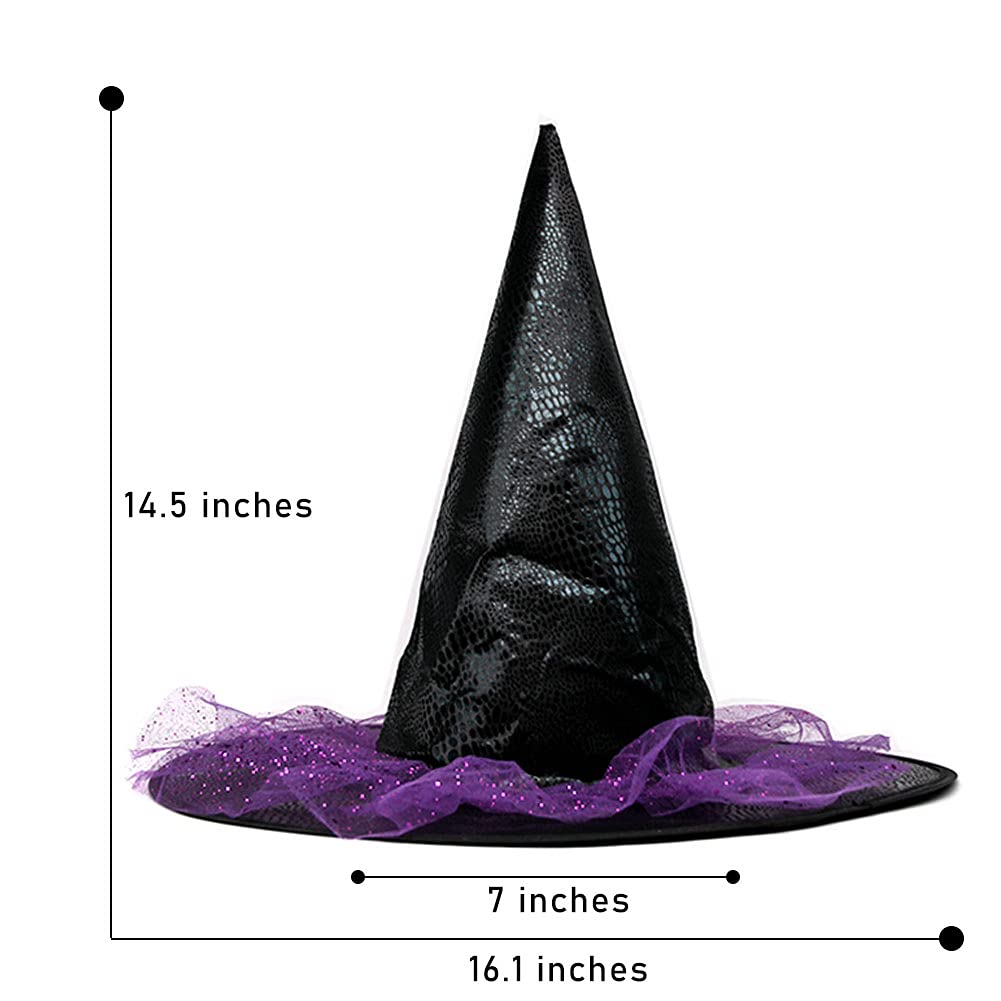 Seasons Stars SSDecor Witch Hat with Purple Tulle and Sequins, Black and Purple Costume Accessory for Kids Women Party