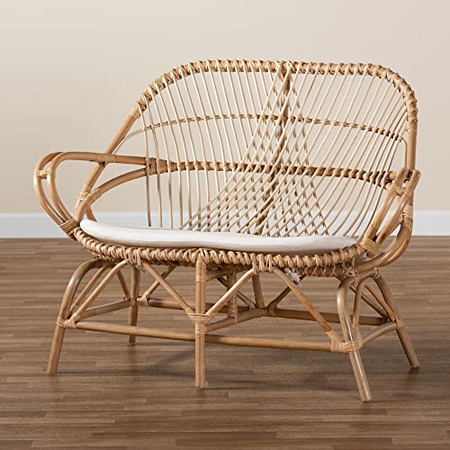 Baxton Studio Bali & pari Jayden Modern Bohemian White Fabric Upholstered and Natural Rattan Loveseat