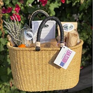 The African Home Goods Ghana Handmade woven Oval Dye Free Picnic shopping Baskets (Natural With Black Handles)