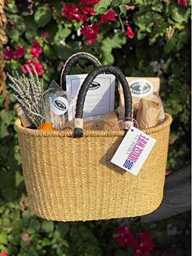 The African Home Goods Ghana Handmade woven Oval Dye Free Picnic shopping Baskets (Natural With Black Handles)