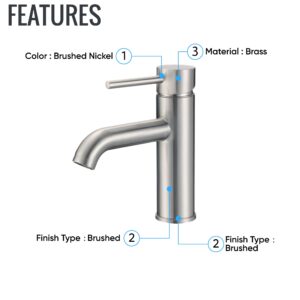 Ivanees Bathroom Sink Faucet Single Handle, Single Hole Faucet, Hot & Cold Mixer Tap Bathroom Faucet, Lead-Free Solid Brass Faucet, Brushed Nickel Finish, Deck Mounted Bath Faucet