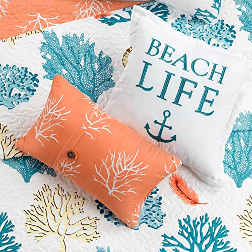 Lush Decor Coastal Reef Feather Reversible Quilt Set, 5 Piece Set, Twin/ Twin XL, Blue & Coral - Beach Bedding Set - Coastal Twinxl Quilt Sets - Tropical Beach House Decor For Kids Or Teen's Dorm Room