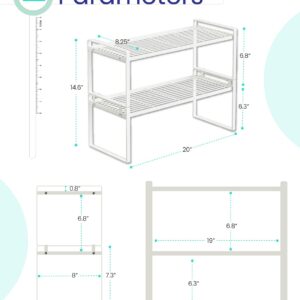 2 Pack Stackable Kitchen Cabinet Shelf Organizer Rack – Countertop Storage for Pantry, Bathroom, Office, Space Saving, Rust Resistant, Non-Slip, White, 20" L x 8.25" D x 7.3" H Each, 14.6" H Stacked