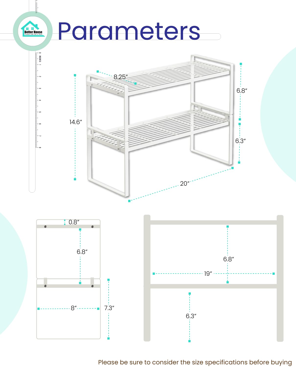 2 Pack Stackable Kitchen Cabinet Shelf Organizer Rack – Countertop Storage for Pantry, Bathroom, Office, Space Saving, Rust Resistant, Non-Slip, White, 20" L x 8.25" D x 7.3" H Each, 14.6" H Stacked