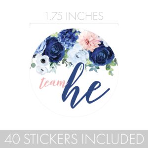 Navy and Blush Floral Gender Reveal Party -Team He or Team She - 40 Stickers