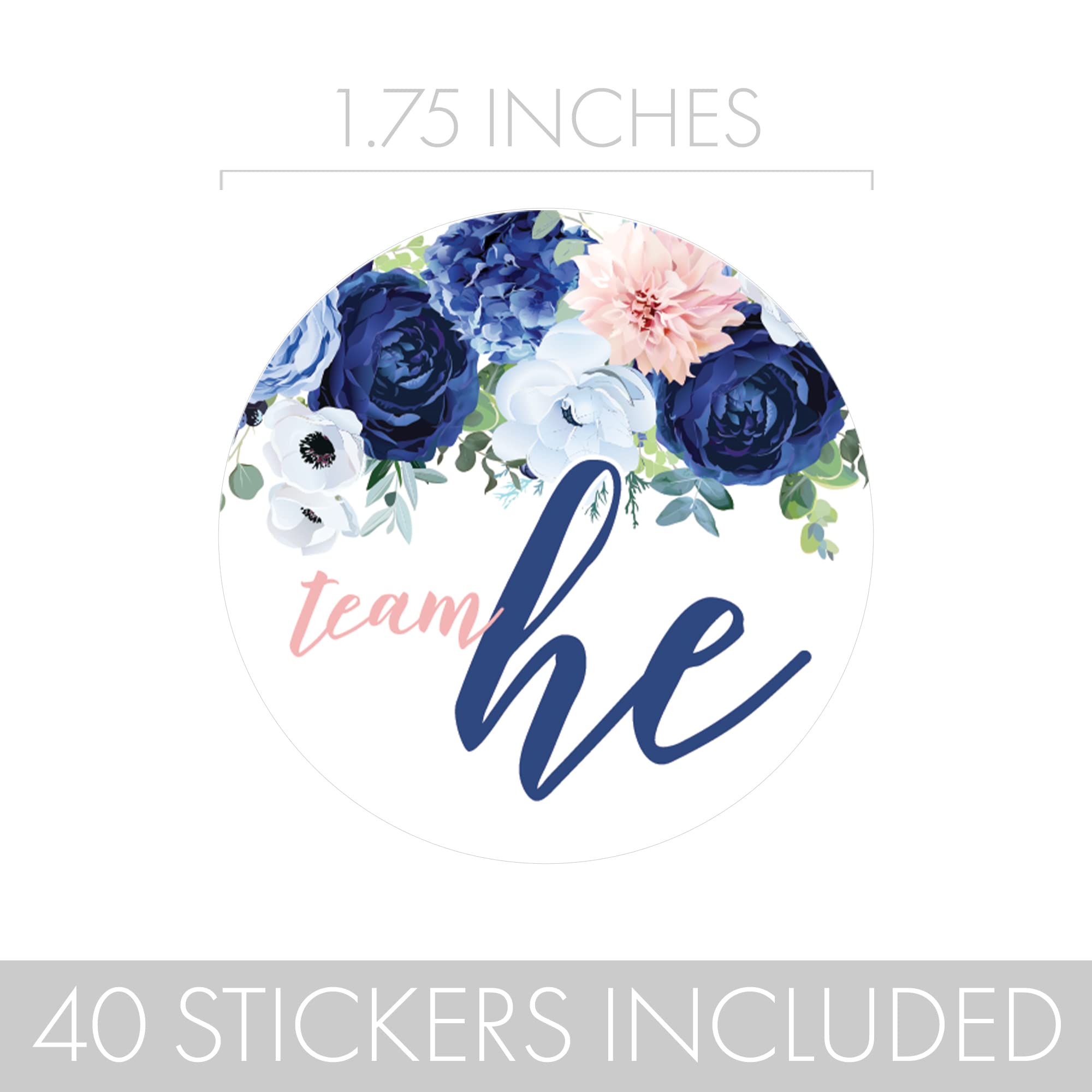 Navy and Blush Floral Gender Reveal Party -Team He or Team She - 40 Stickers