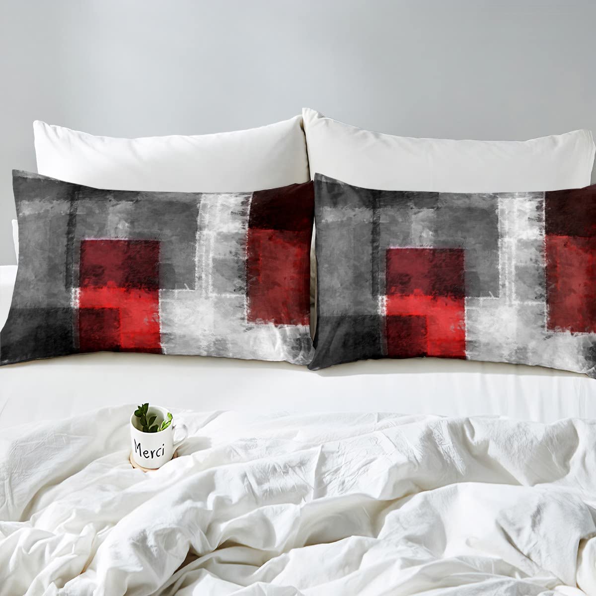 Art Graffiti Geomerty Comforter Cover,Red Grey White Rectangle Duvet Cover Set for Girls Teens Bedroom Gift,Abstract Geometric Painting Soft Bedding Set with 2 Pillowcases, Full Size (No Comforter)