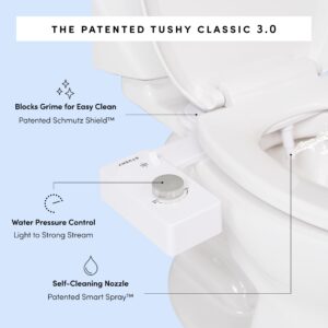 TUSHY Classic 3.0 Bidet Toilet Seat Attachment - A Non-Electric Self Cleaning Water Sprayer with Adjustable Water Pressure Nozzle, Angle Control (Classic 3.0, White/Platinum + Relaxed Ottoman)