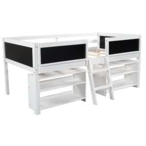 Kids Low Loft Bed with Storage, Twin Loft Bed with Two Movable Shelves and Ladder, Wooden Loft Bed with Decorative Guardrail Chalkboard, for Kids Girls Boys - White