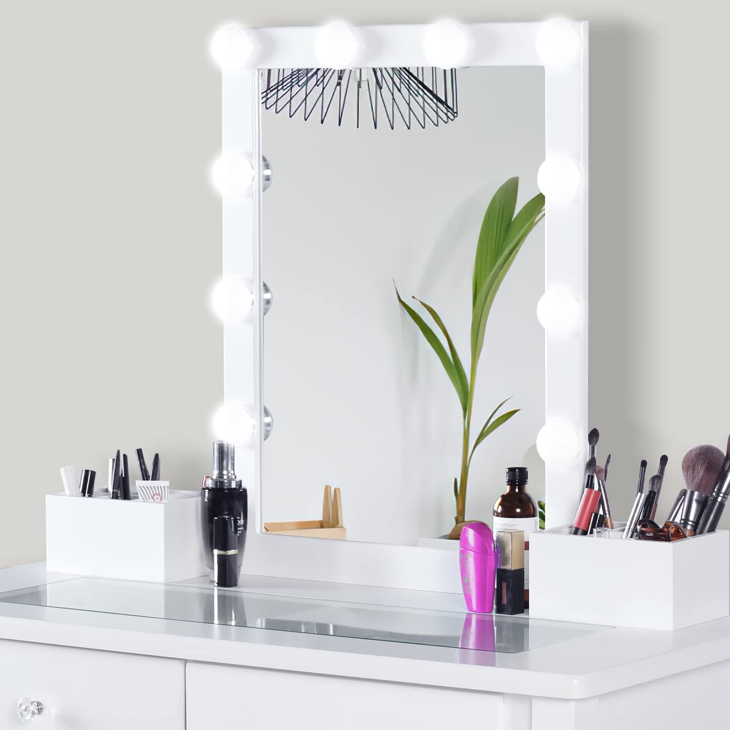 AODAILIHB Vanity Set with Lighted Mirror & Stool, Dressing Table Makeup Vanity Desk with 2 Drawers/Clear Glass Table Top/3 Color Lighting Modes Girls Gift Bedroom Furniture (White)