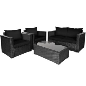 dortala 4pcs patio rattan furniture set, sofa set w/conversation set w/seat & back cushions, outdoor sectional chair set for poolside, black