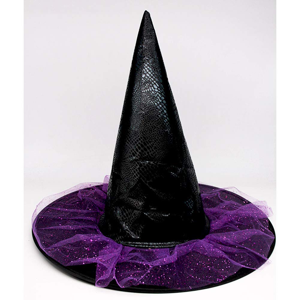 Seasons Stars SSDecor Witch Hat with Purple Tulle and Sequins, Black and Purple Costume Accessory for Kids Women Party