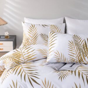 Nayoroom Gold Leaf Duvet Cover Queen Size Tropical Botanical Leaves Printed on White Bedding Set Soft Lightweight Microfiber Garden Farmhouse Comforter Covers with Zipper Closure Corner Ties