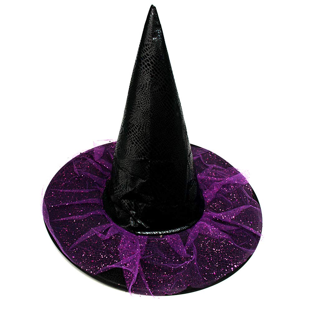 Seasons Stars SSDecor Witch Hat with Purple Tulle and Sequins, Black and Purple Costume Accessory for Kids Women Party