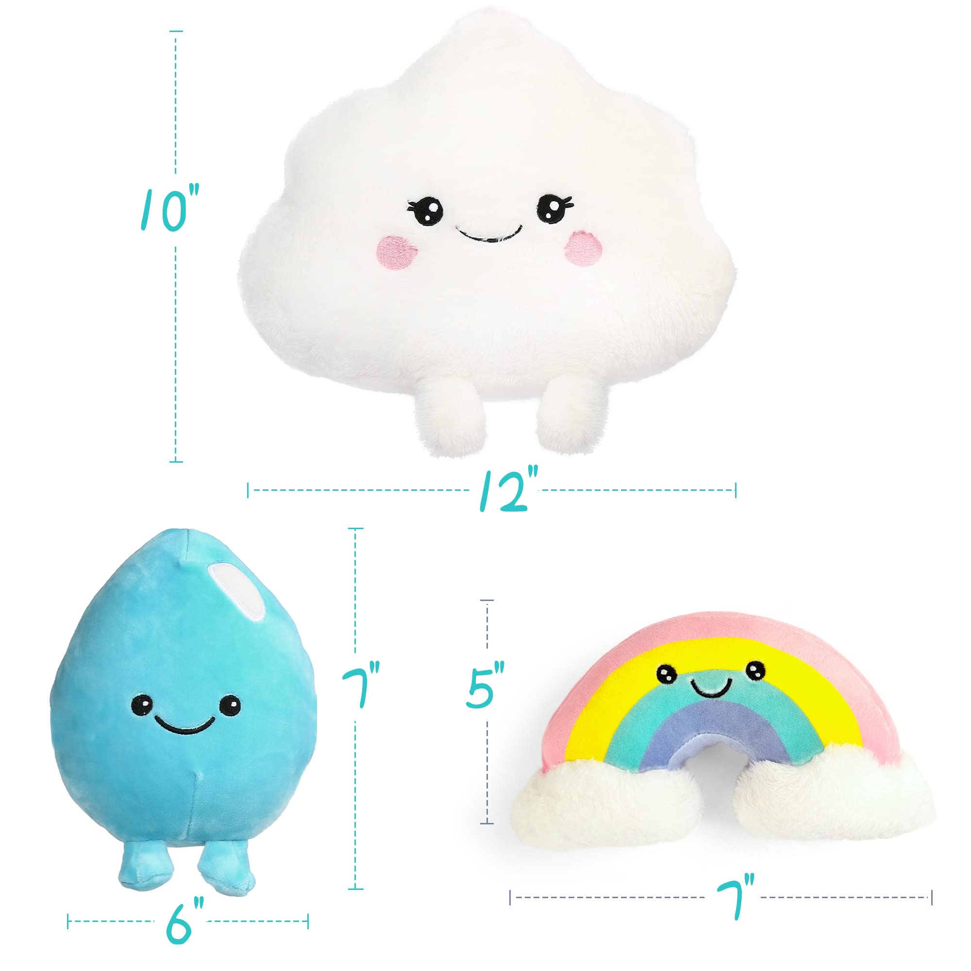 BenBen Cloud Pillow Toy 12 inch, Set of 3, 7 inch Stuffed Rainbow and Water Droplet Plushies, Soft Stuffed Toys for Kids Girls, Fun Decorative Plush Pillows for Home Decor, Easter Basket Stuffers