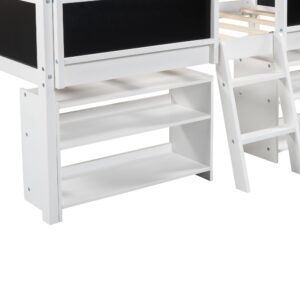 Kids Low Loft Bed with Storage, Twin Loft Bed with Two Movable Shelves and Ladder, Wooden Loft Bed with Decorative Guardrail Chalkboard, for Kids Girls Boys - White