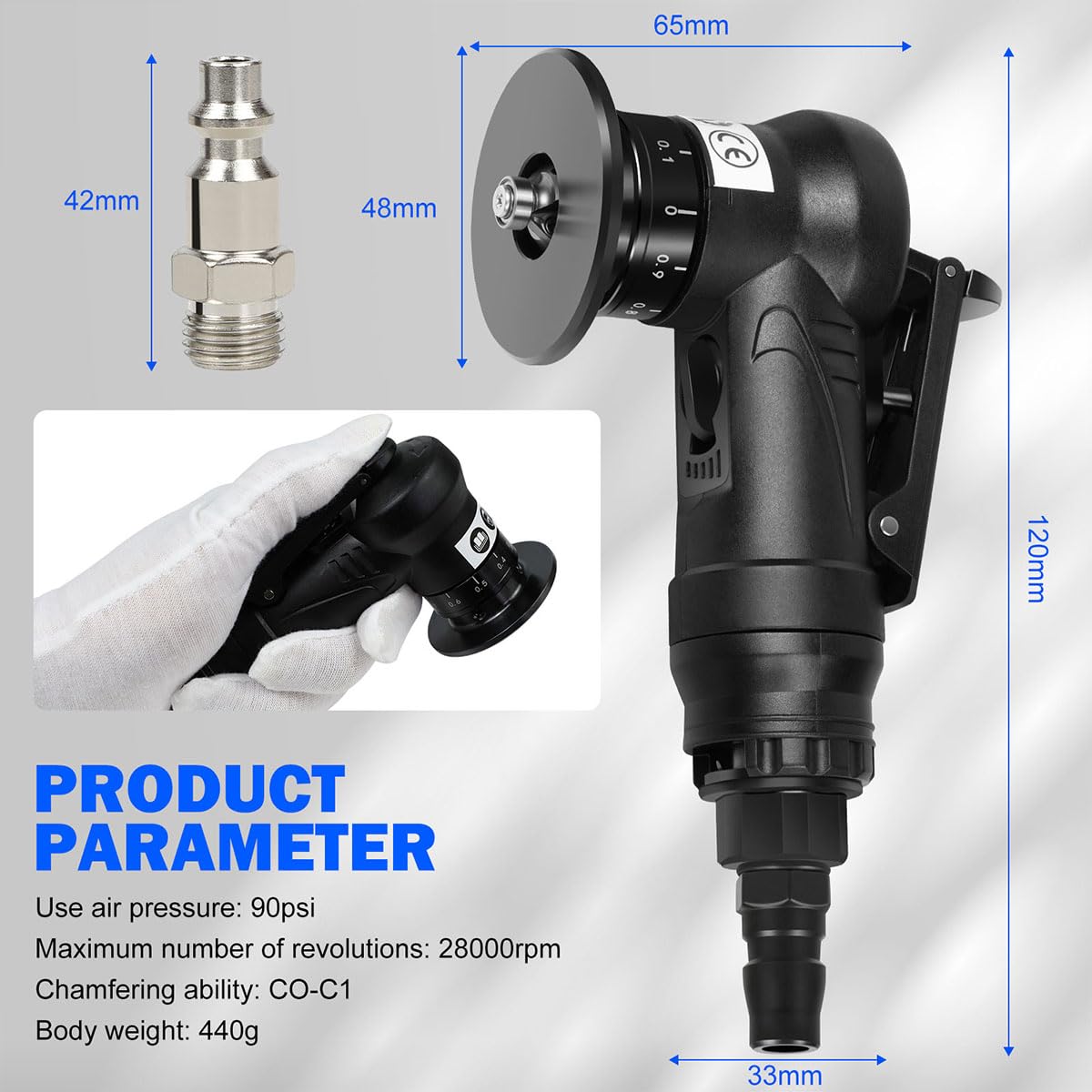 Mini Pneumatic Chamfering Machine,Chamfering Tool for Metal,28000rpm C0-C1 Handheld 45 Degree Arc Air Beveling Machine with 1/4 Inch Air Inlet for Trimming,Chamfer Deburring (Black)