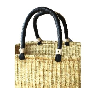 The African Home Goods Ghana Handmade woven Oval Dye Free Picnic shopping Baskets (Natural With Black Handles)