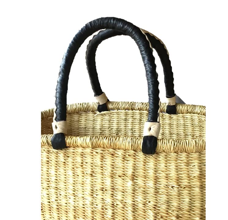 The African Home Goods Ghana Handmade woven Oval Dye Free Picnic shopping Baskets (Natural With Black Handles)