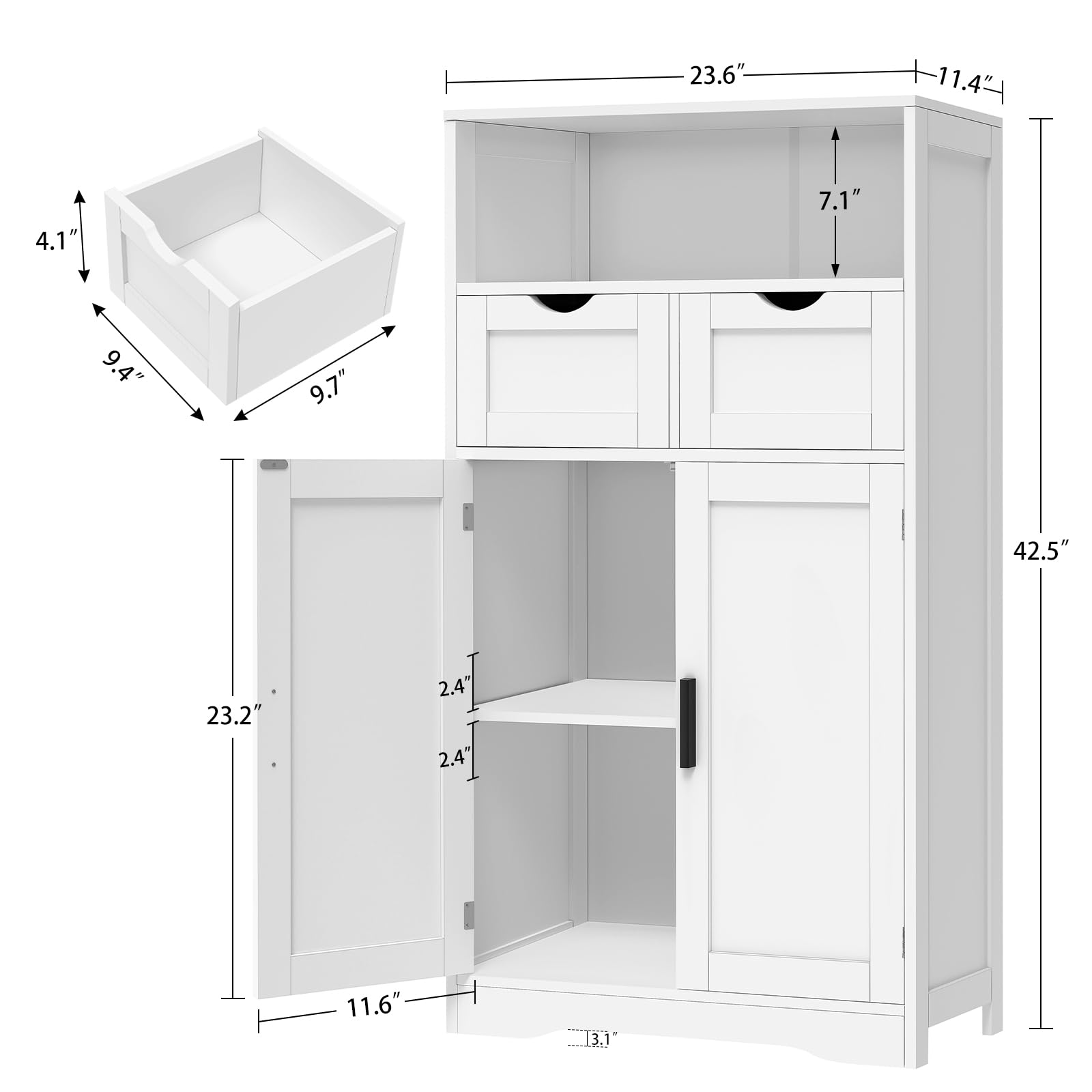 Iwell Storage Cabinet, Bathroom Cabinet with 2 Drawers & Adjustable Shelves, Bathroom Storage Cabinet with Doors for Living Room, Kitchen, Home Office, White