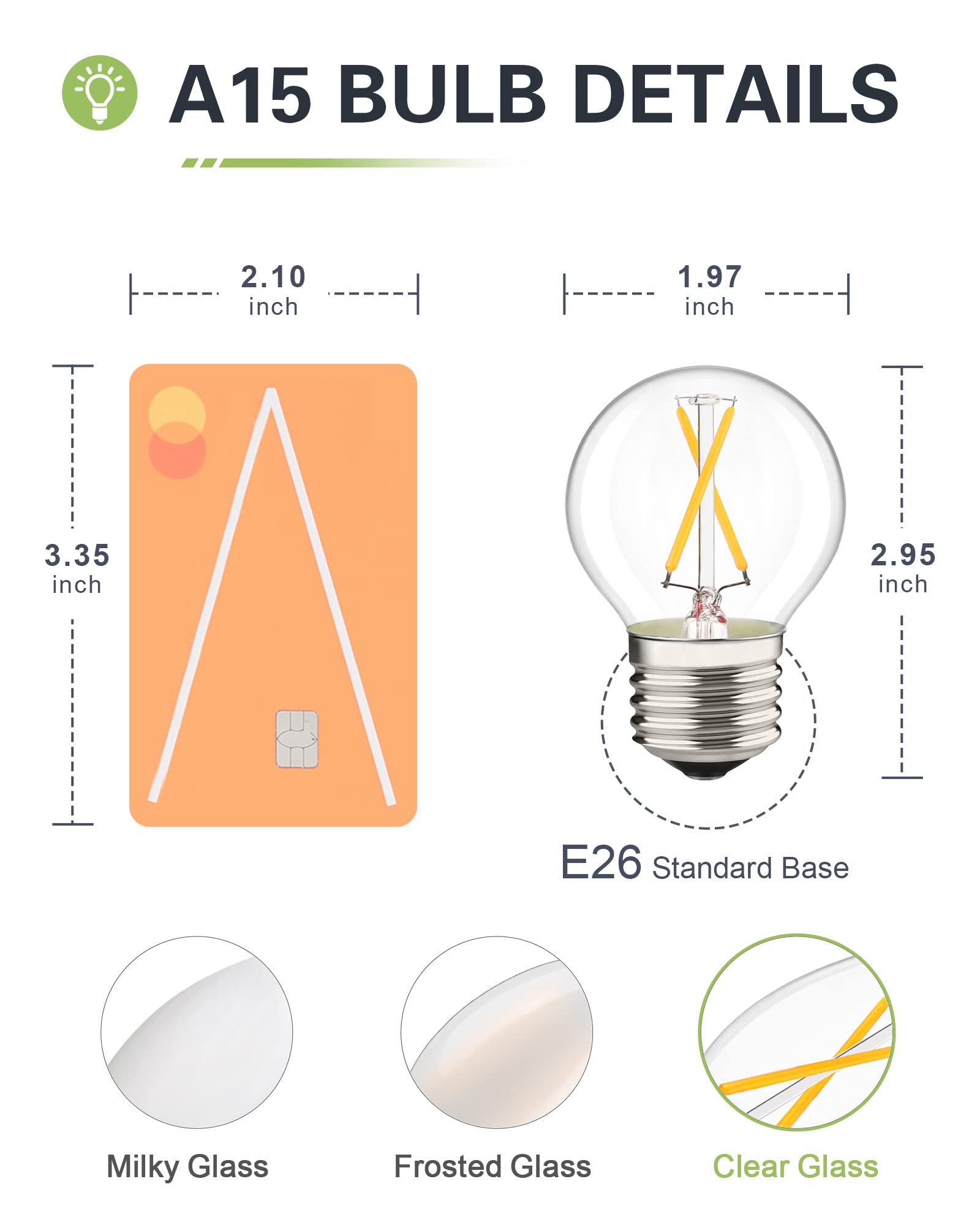 A15 E26 LED Light Bulb, 2 Watt 3000K Soft White, Dimmable Globe Edison Filament Bulbs 25W Equivalent, 200 Lumens Clear Glass (3 Pack)