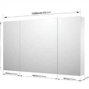 Sunrosa Aluminum Bathroom Medicine Cabinet with Mirror Door, 48"×27.5" Bathroom Mirror Cabinet, Wall-mountable and Recessed-in Mirror Cabinet, 3 Doors Medicine Cabinet Organizer