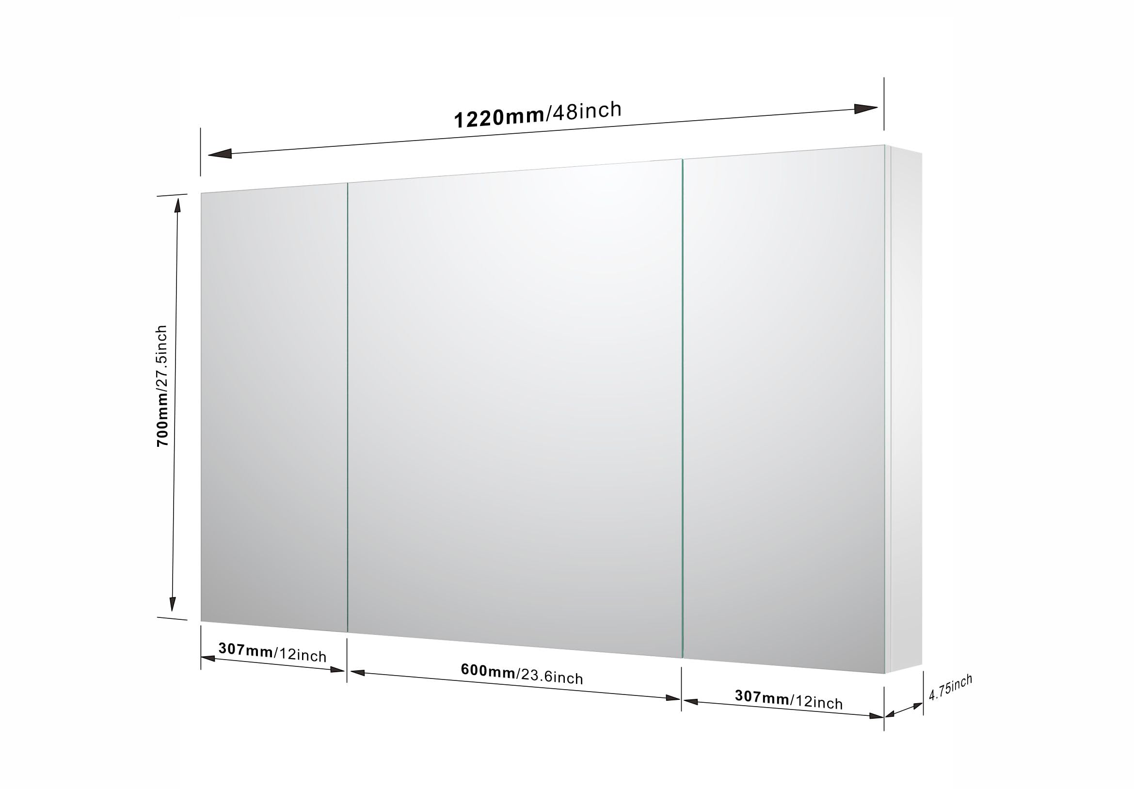 Sunrosa Aluminum Bathroom Medicine Cabinet with Mirror Door, 48"×27.5" Bathroom Mirror Cabinet, Wall-mountable and Recessed-in Mirror Cabinet, 3 Doors Medicine Cabinet Organizer