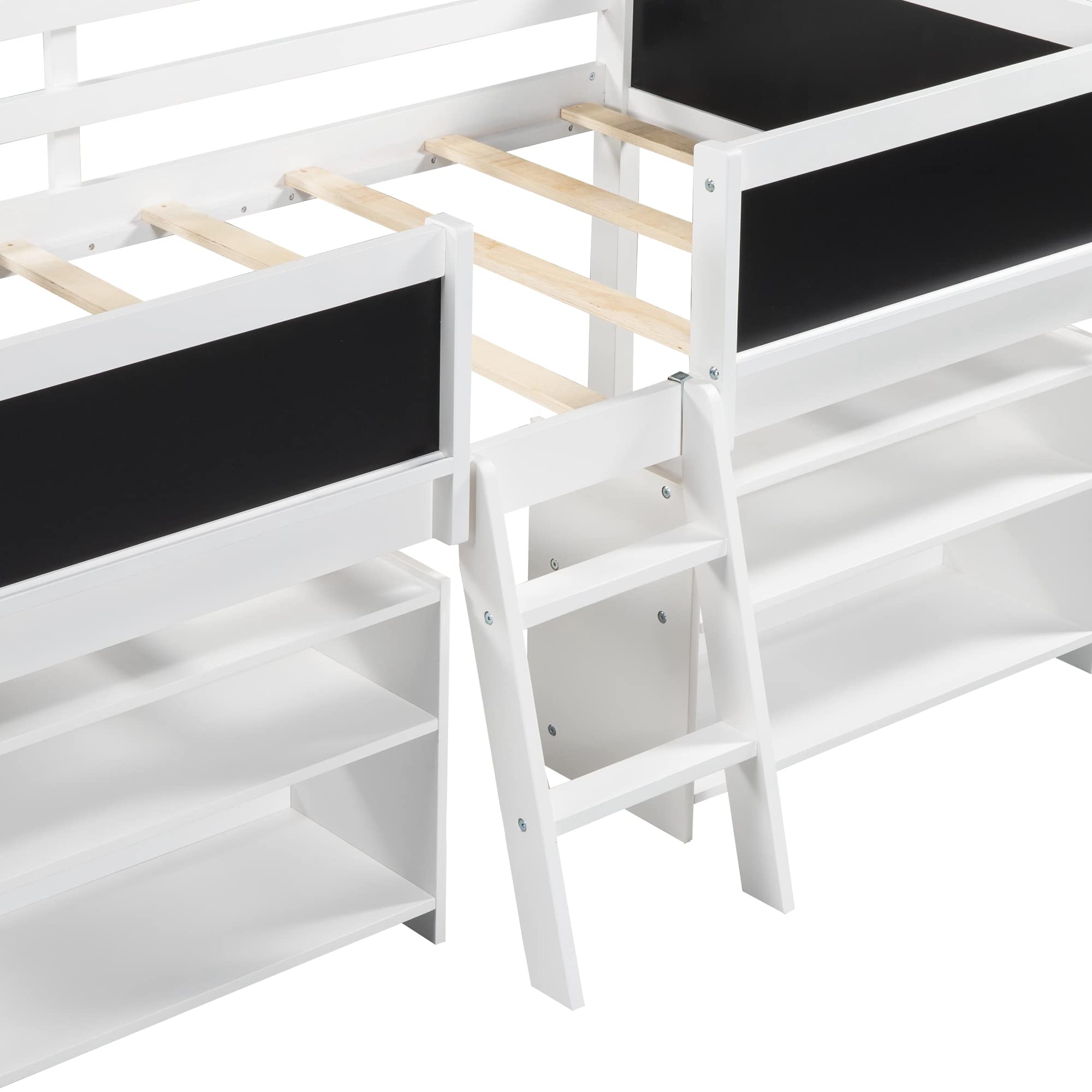 Kids Low Loft Bed with Storage, Twin Loft Bed with Two Movable Shelves and Ladder, Wooden Loft Bed with Decorative Guardrail Chalkboard, for Kids Girls Boys - White