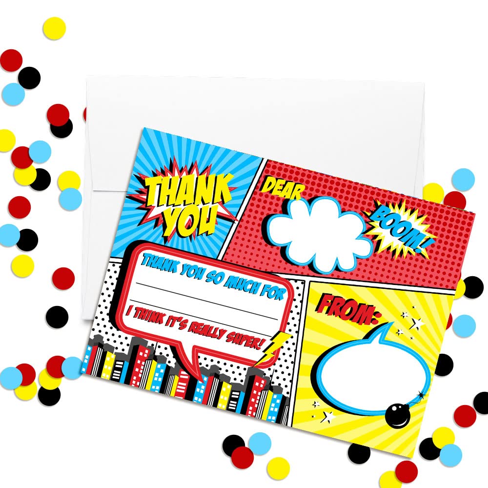 Comic Book Super Hero Birthday Thank You Notes, Ten 4" x 5.5" Fill In The Blank Cards with 10 White Envelopes by AmandaCreation