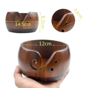 Joyeee Handmade Yarn Bowl, 6'' Crafted Wooden Yarn Storage Bowl with Carved Holes & Drills Holes Crocheting Knitting Bowl Yarn Holder Gift for Knitting Crochet Enthusiasts