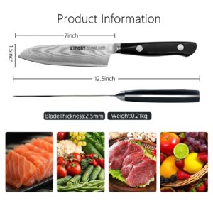 Kitory Damascus Santoku Knife 7", for bigger or larger hands, Japanese Kitchen Knife with VG10 67 Layers Super Steel- Black G10 Handle-Gift Box Included, 2024 Gifts For Women and Men