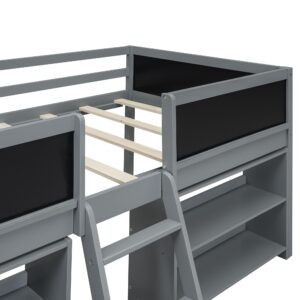 CITYLIGHT Low Loft Bed Twin with Two Movable Shelves and Ladder, Junior Loft Bed with Decorative Guardrail Chalkboard, Wood Kids Loft Bed for Girls Boys,Grey