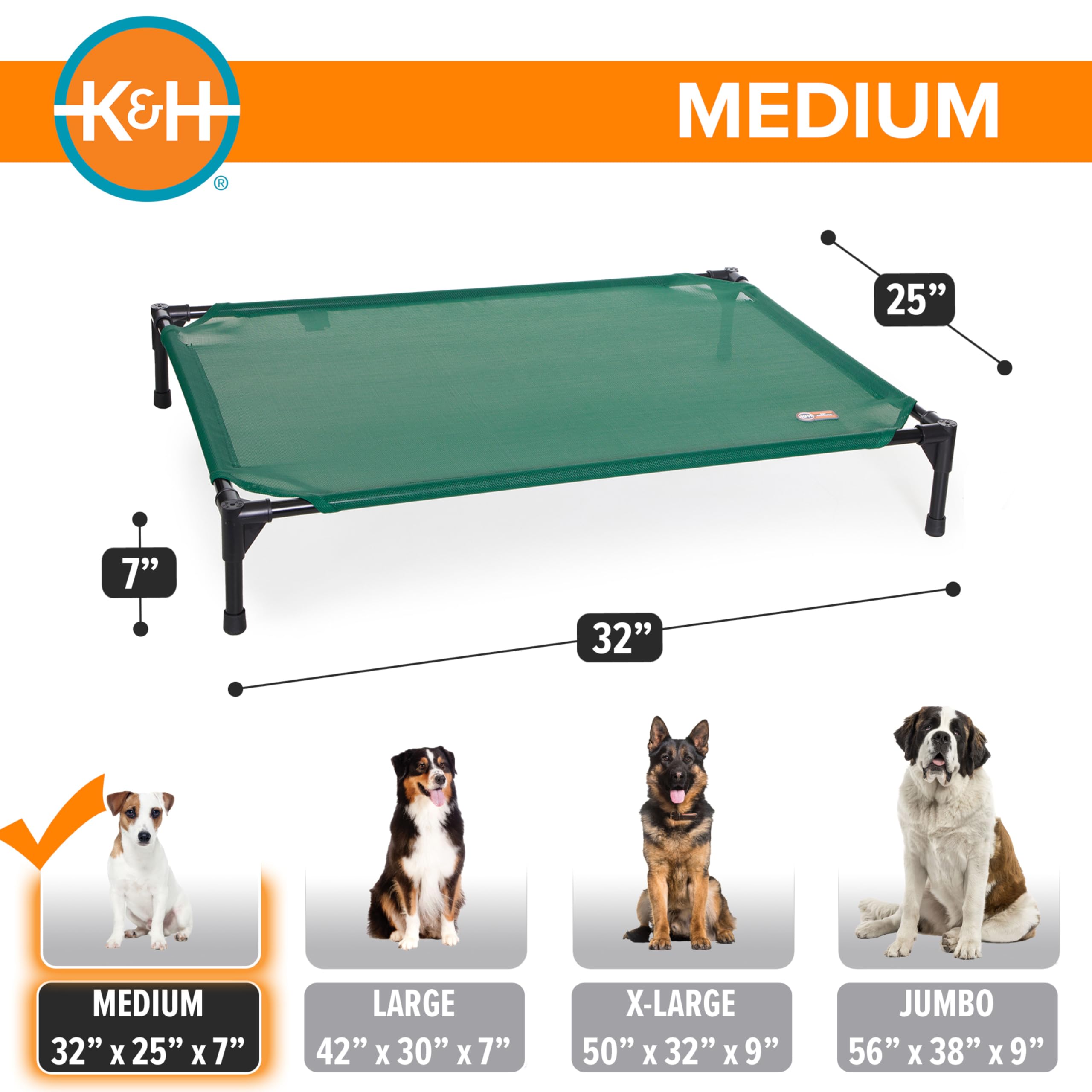 K&H Pet Products Elevated Outdoor Dog Cot Bed, Raised Cooling Bed with Washable Breathable Mesh for Medium Dogs, Portable Raised Platform Pet Bed, Heavy Duty Metal Frame Hammock Bed, Medium, Green