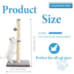 MeowHomm 32'' Tall Cat Scratching Post Cat Scratcher with Hanging Ball, Durable Cat Scratching Post for Indoor with Sisal Rope (Gray)