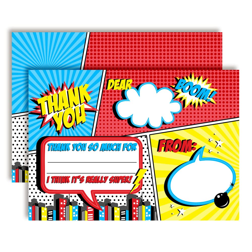 Comic Book Super Hero Birthday Thank You Notes, Ten 4" x 5.5" Fill In The Blank Cards with 10 White Envelopes by AmandaCreation