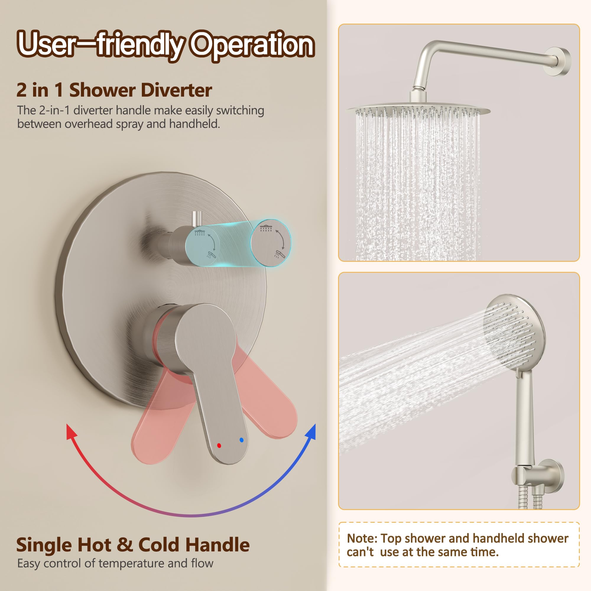 Gabrylly Shower System Brushed Nickel, Slide Bar Shower Faucet Set with High Pressure 10" Rain Shower head and 5-Setting Handheld Shower Combo Set, Shower Valve with Trim and Diverter