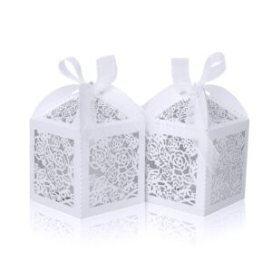 doyide 50pcs laser cut favor boxes, wedding favors candy boxes with ribbons and tags, small gift boxes for wedding,party,baby shower,bridal shower (50-2x2x2.76, white)