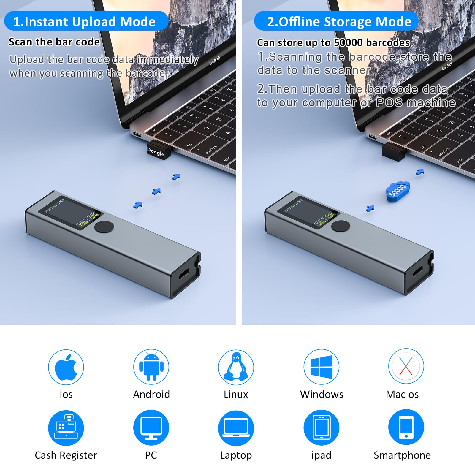 Wireless Barcode Scanner,Alacrity 3-in-1 Connections(Bluetoot+2.4GHz+USB) Mini Portable 1D 2D Bluetooth Wireless Barcode Reader with LCD Screen Display and Auto-scanning Function,Inventory Available