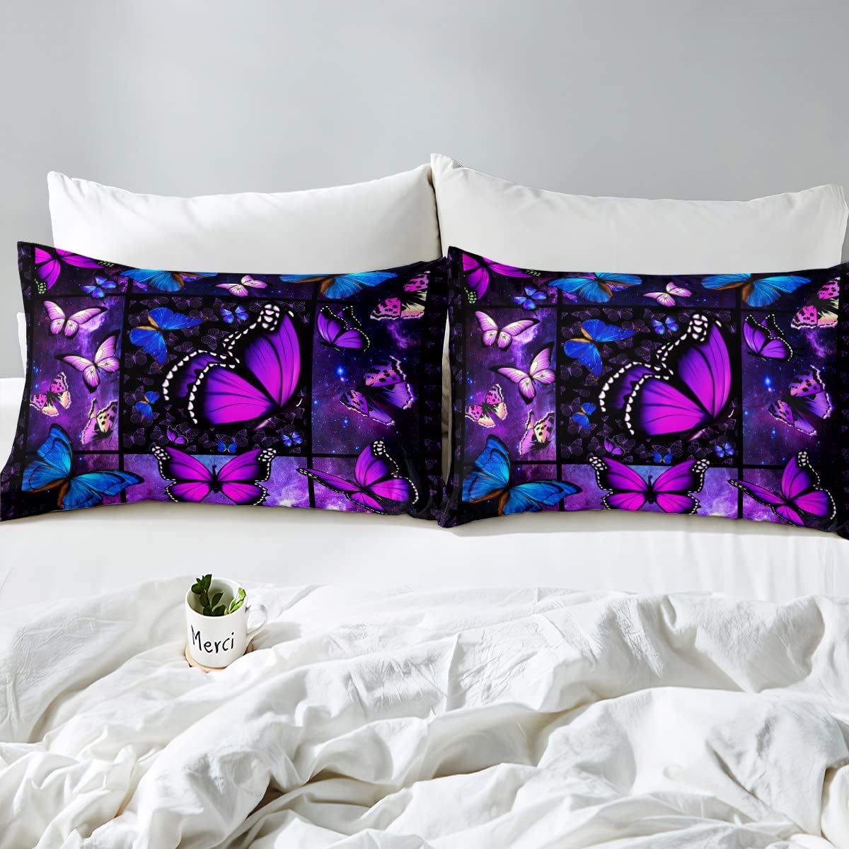 Purple Butterfly Bed Sheets Deep Pocket Queen,Mystic Galaxy Bed Sheet Set Blue Butterfly Bedding Sets For Kids Girls Teens Women,Psychedelic Starry Sky Fitted Sheet Aesthetics Flat Sheet 4 Pcs