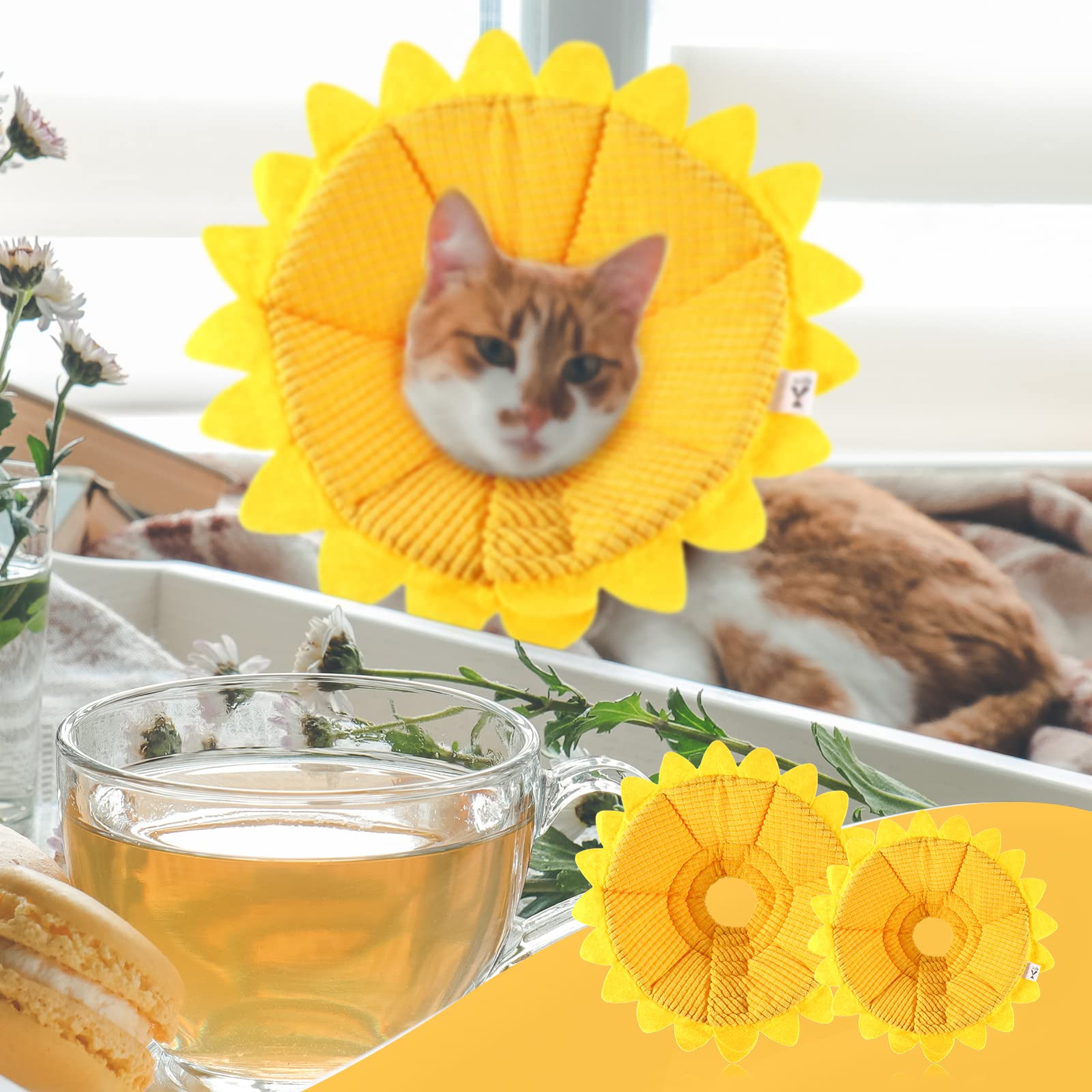 Sunflower Cat Recovery Collar Soft Cat Cone Collar Pet Cones for Cats Cotton Pet Cone Collar Adjustable Sunflower Elizabeth Collar Postoperative Protection Soft Cone for Cats and Dogs(Medium)