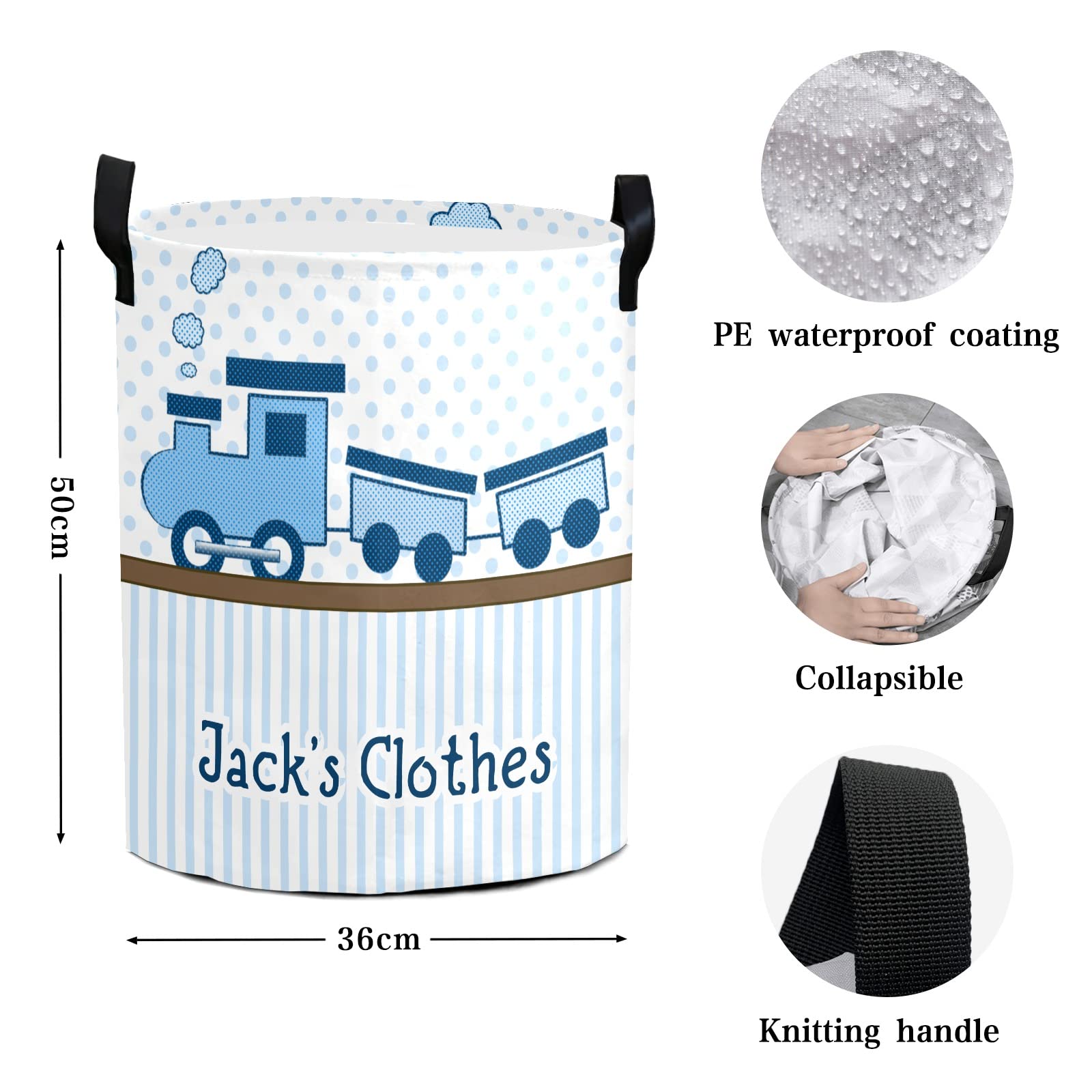 Blue Train Dots Stripes Personalized Freestanding Laundry Hamper, Custom Waterproof Collapsible Drawstring Basket Storage Bins with Handle for Clothes