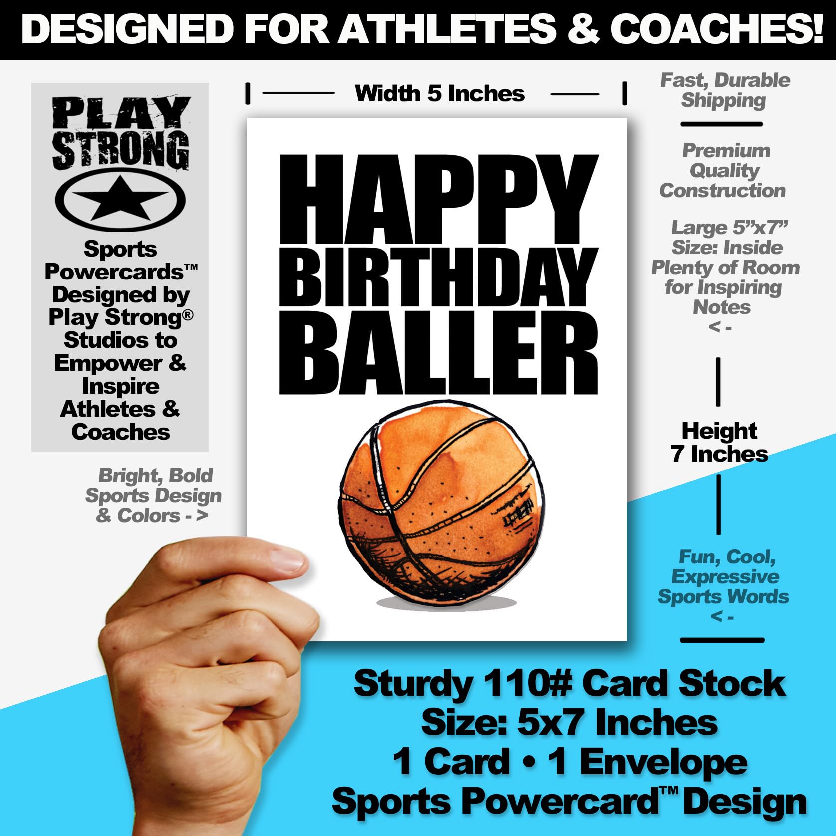 Play Strong Basketball Happy Birthday Baller 1-Pack (5x7in) Birthday Greeting Cards Awesome for Basketball Players, Coaches, Fans, Cards and Gifts