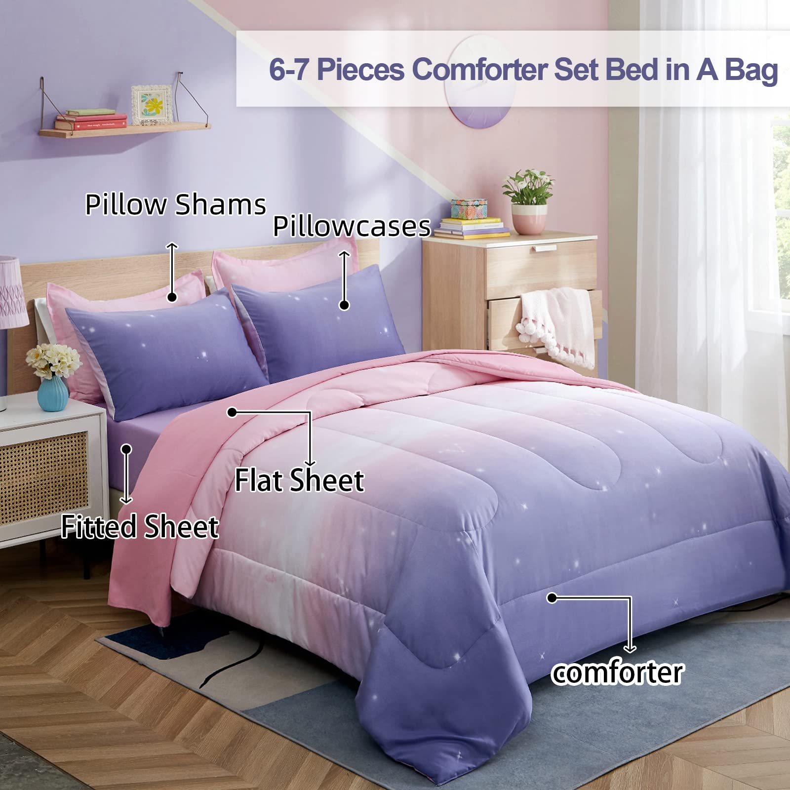 Girls Comforter Set Queen Size 7 Pieces Bed in A Bag Ombre Pink Purple Rainbow Bedding Set Collections for Teen Women (1 Comforter, 1 Flat Sheet, 1 Fitted Sheet, 2 Pillow Shams, 2 Pillowcases)